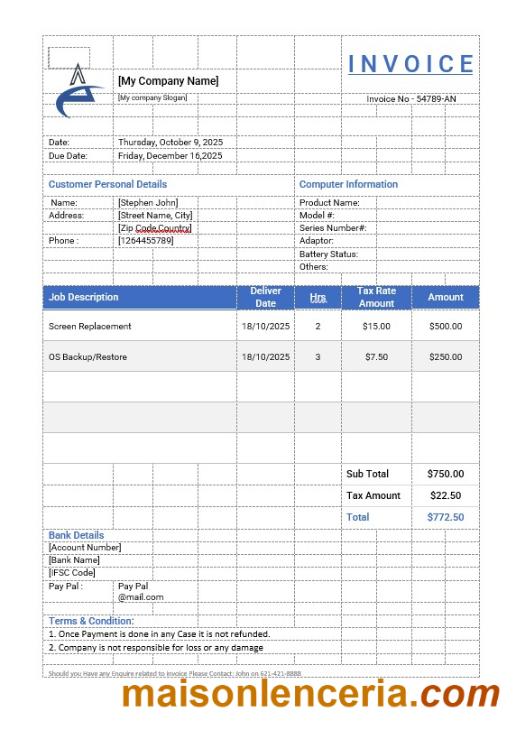 Szablon faktury naprawy komputera w formatach Word i PDF